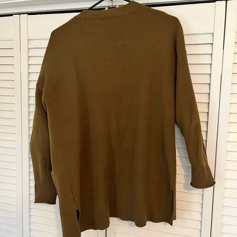 Madewell olive cardigan. Size Medium, but has an oversized feel.